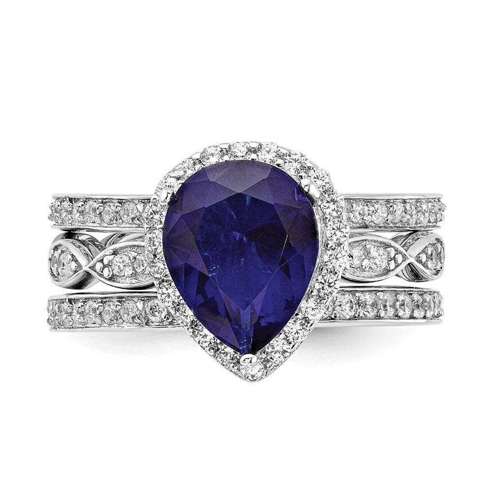 Cheryl M Sterling Silver Rhodium-plated Polished Lab Created Sapphire and CZ Teardrop Halo 3 Ring Set