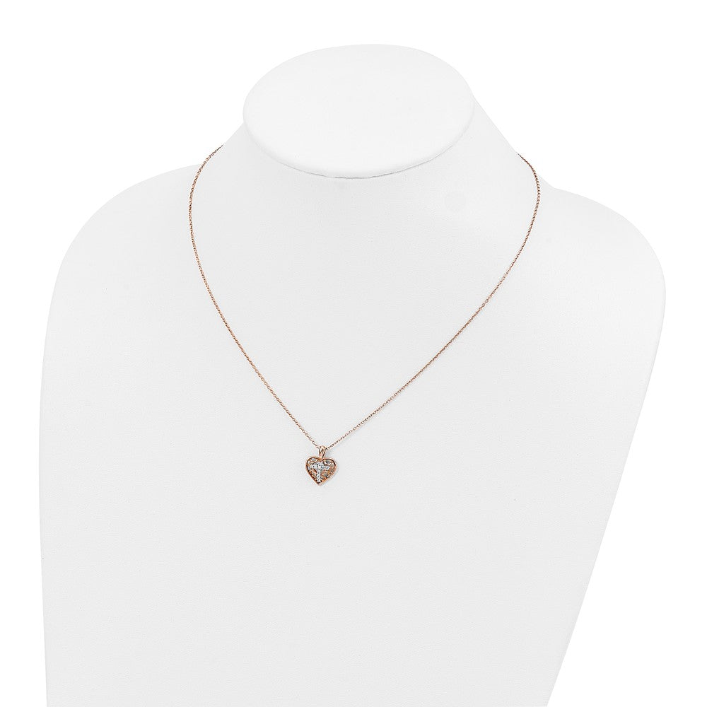 Sterling Silver and Rose-tone with Diamond Cross In Heart Necklace
