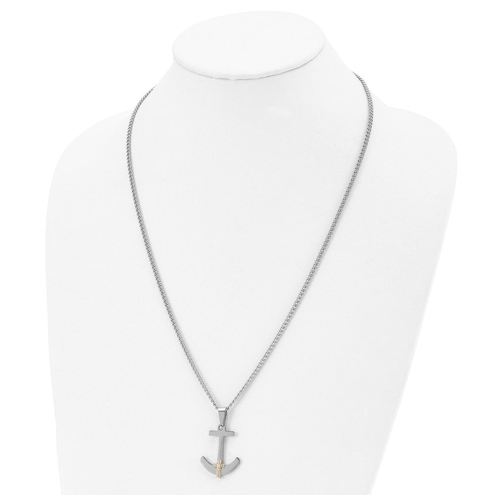 Stainless Steel Polished w/14k Gold Diamond Anchor Mariner Cross Necklace