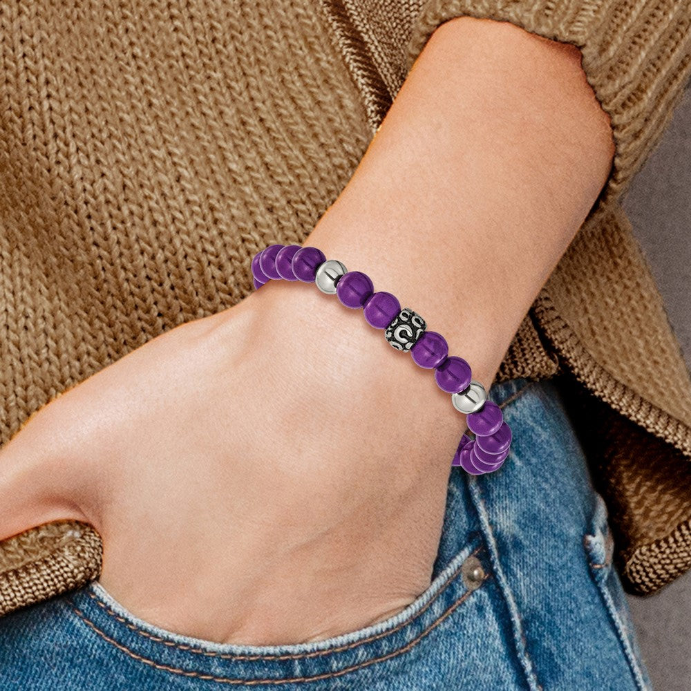 Chisel Stainless Steel Antiqued and Polished 8mm Purple Stone Beaded 7 inch Stretch Bracelet 7 inches