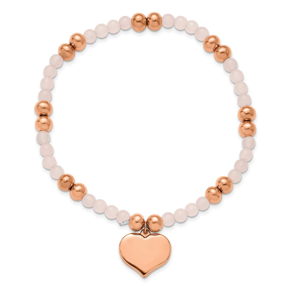 Chisel Stainless Steel Polished Rose IP-plated Heart Dangle 6mm Pink Quartz Beaded 7.75 inch Stretch Bracelet 8 inches