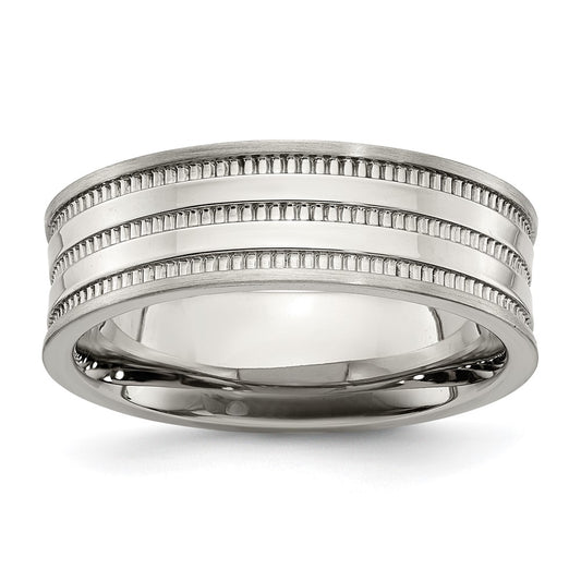 Stainless Steel Polished and Beaded 7mm Band Size - 11