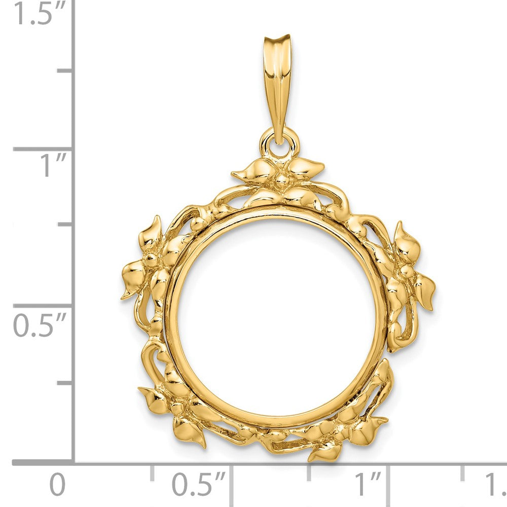 Wideband Distinguished Coin Jewelry 14k Polished Flower Blossom 17.8mm Prong Coin Bezel Pendant