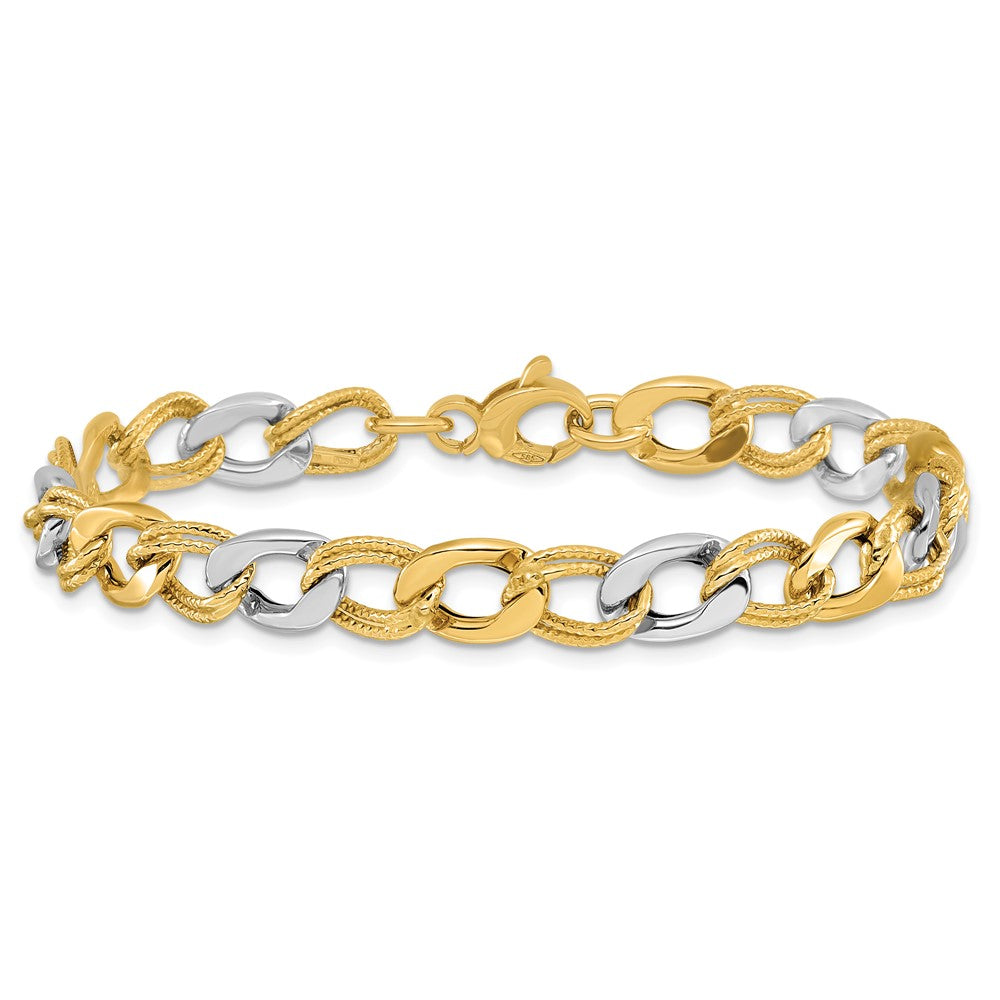14K Two-tone Polished and Textured Fancy Link Bracelet 7.5  inches