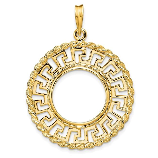 Finest Gold Wideband Distinguished Coin Jewelry 14K Polished Greek Key with Rope Border 16.5 mm Prong Coin Bezel Pendant