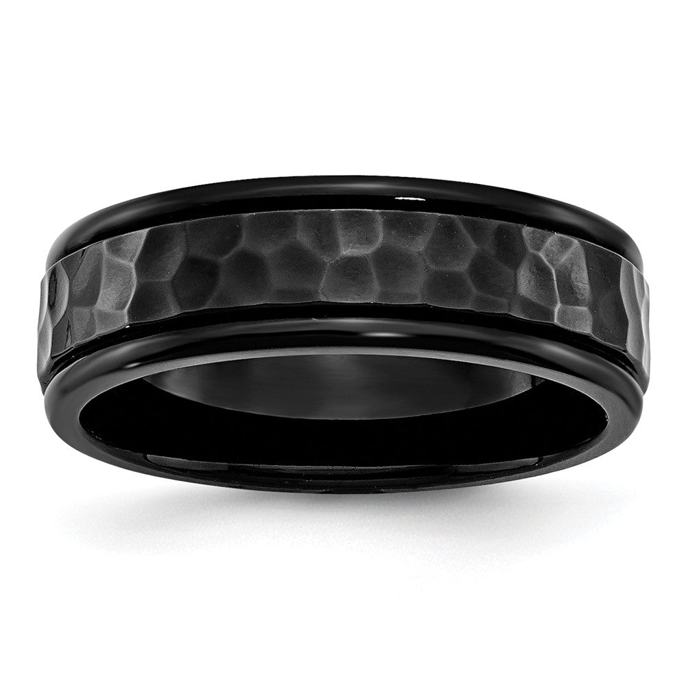 Stainless Steel Polished and Hammered Black IP-plated 7mm Band Size - 7