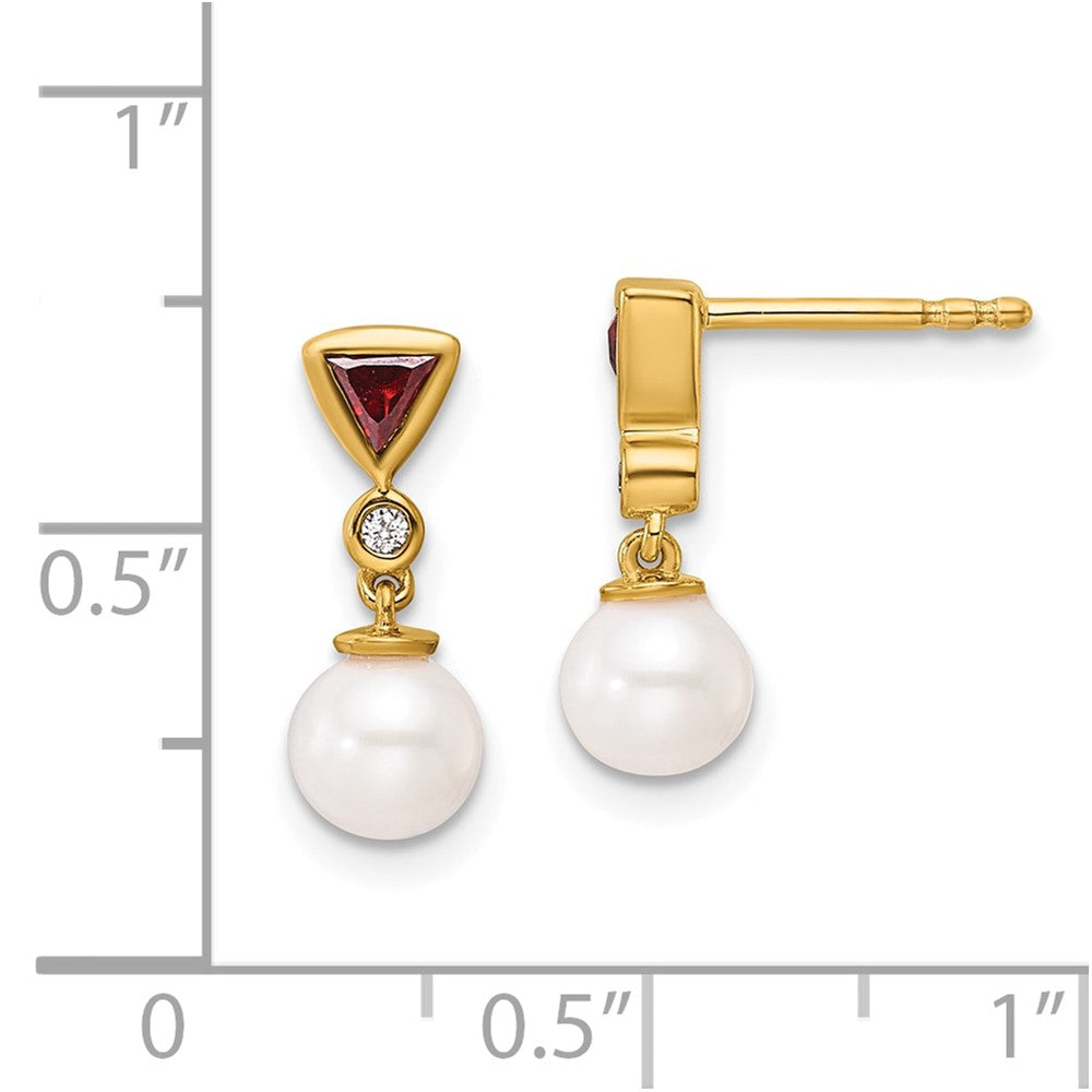 14K Gold Polished Diamond, Ruby & Pearl Dangle Post Earrings