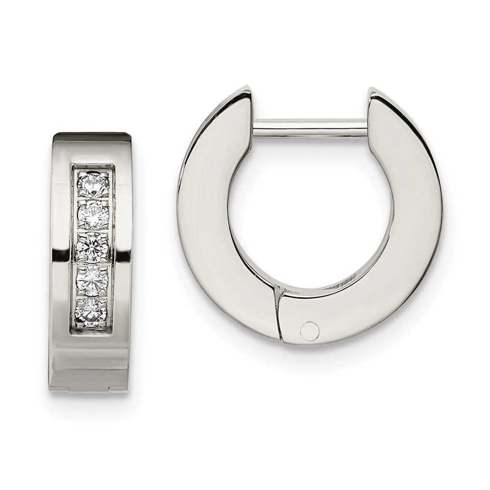Stainless Steel Polished w/CZ Round 4mm Hinged Hoop Earrings