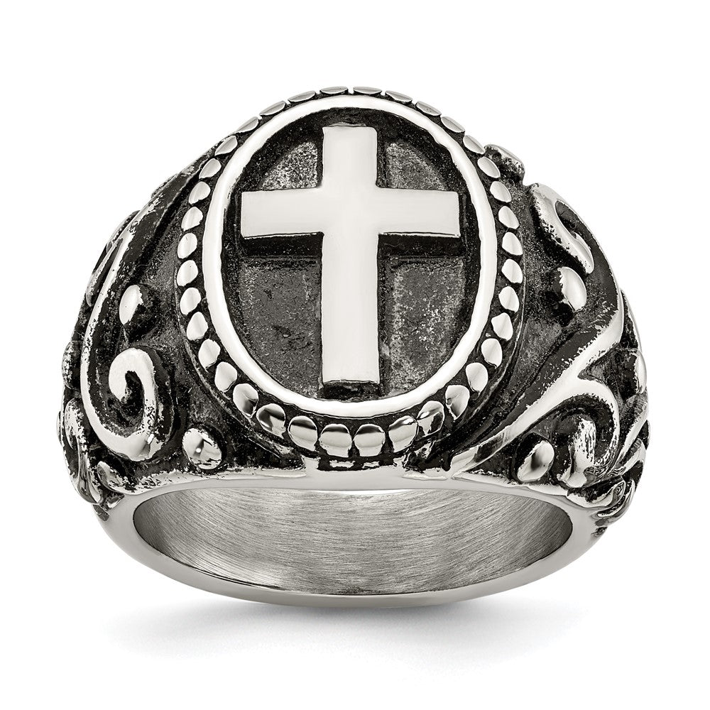Stainless Steel Antiqued and Polished Cross Ring Size - 10