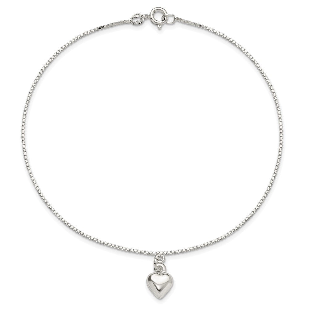 Sterling Silver 10inch Polished Puffed Heart Anklet 10 inches