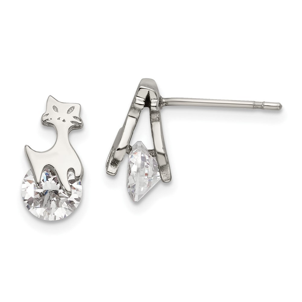 Stainless Steel Polished w/CZ Cat Post Earrings