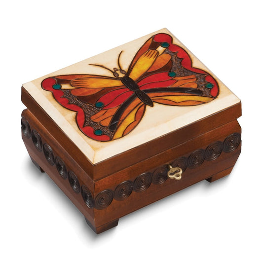 Handcrafted Solid Wood Butterfly Carved and Painted Locking Keepsake Box QGM16165