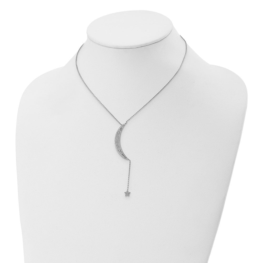 Sterling Silver Rhod-plated CZ Moon and Star w/2in ext. Necklace 16 Inches