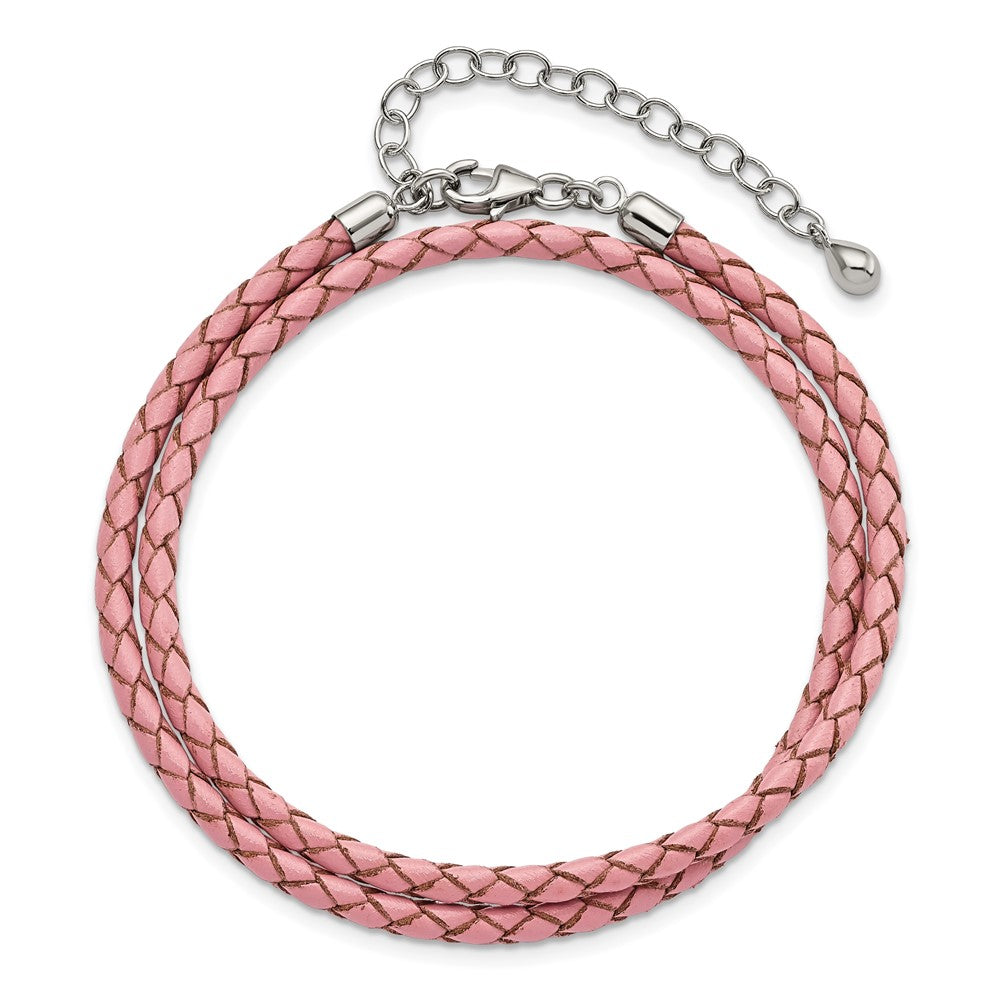 SS Reflections Pink Leather Rh-plated 14in w/2in ext Choker/Wrap Bracelet 14 inches