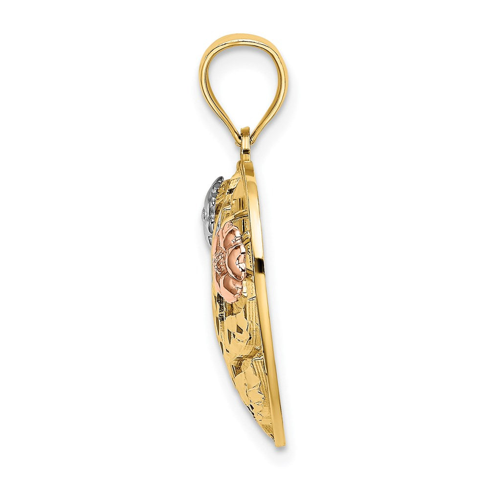 14k Two-Tone w/ White Rhodium Heart w/LOVE and Flowers Charm