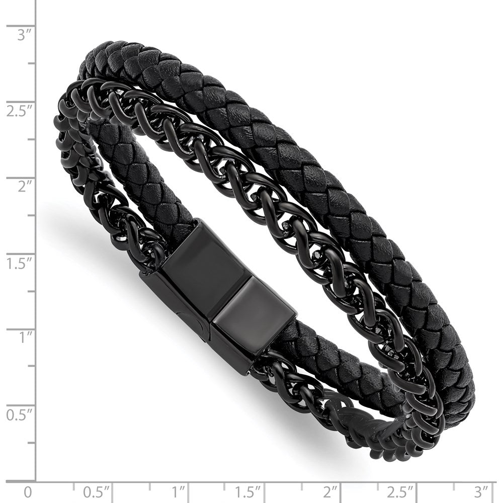 Stainless Steel Polished Black IP-plated Chain Black Leather 8.5in Bracelet 8.5 inches