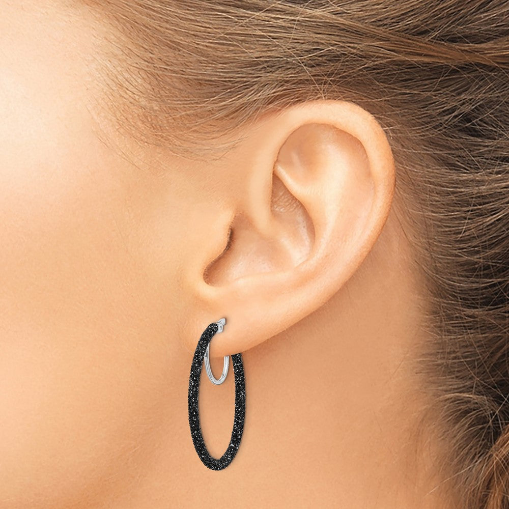 Sterling Silver Rhodium/Black Glitter Enamel 2x30mm Hoop Earrings