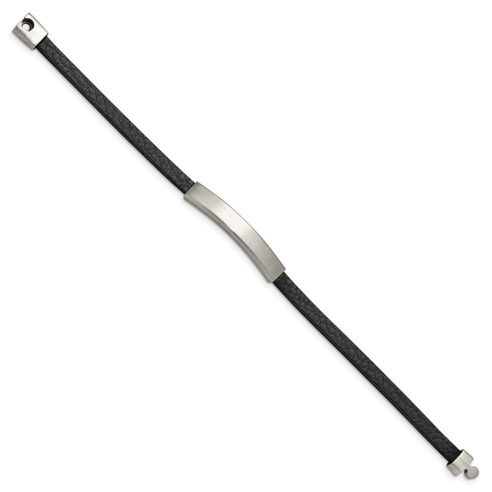Stainless Steel Brushed Textured Black PU Leather 8.25in ID Bracelet 8.25 inches