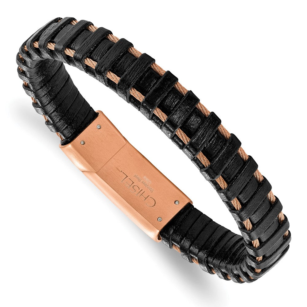 Stainless Steel Polished Rose IP-plated Cable and Black Leather Bracelet 8.5 inches