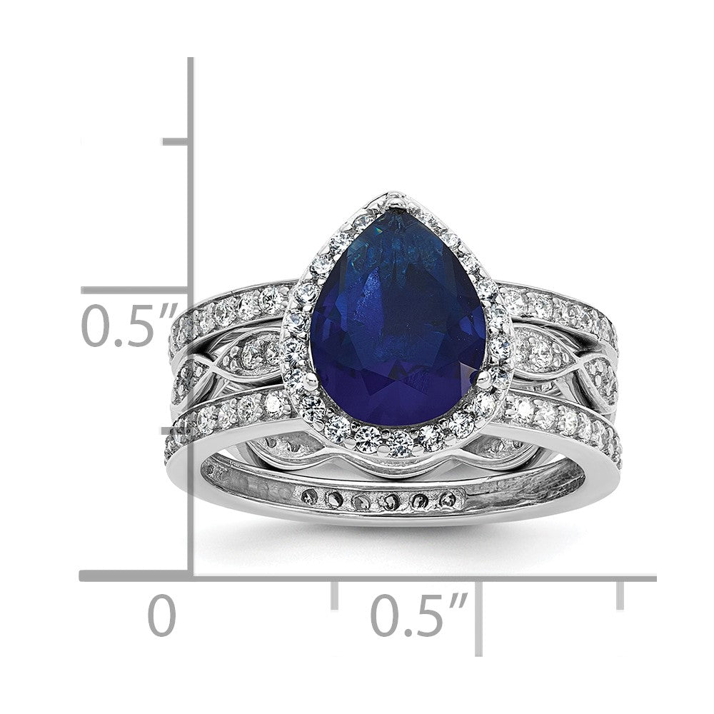 Cheryl M Sterling Silver Rhodium-plated Polished Lab Created Sapphire and CZ Teardrop Halo 3 Ring Set