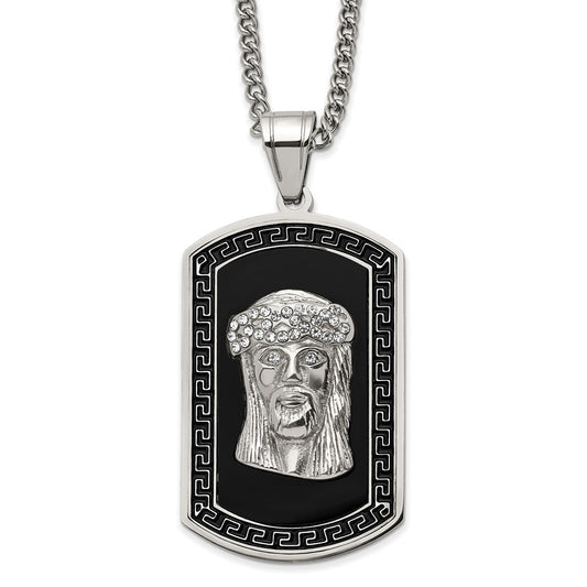 Stainless Steel Polished DogTag Black Enamel & Crystal Jesus 24in Necklace