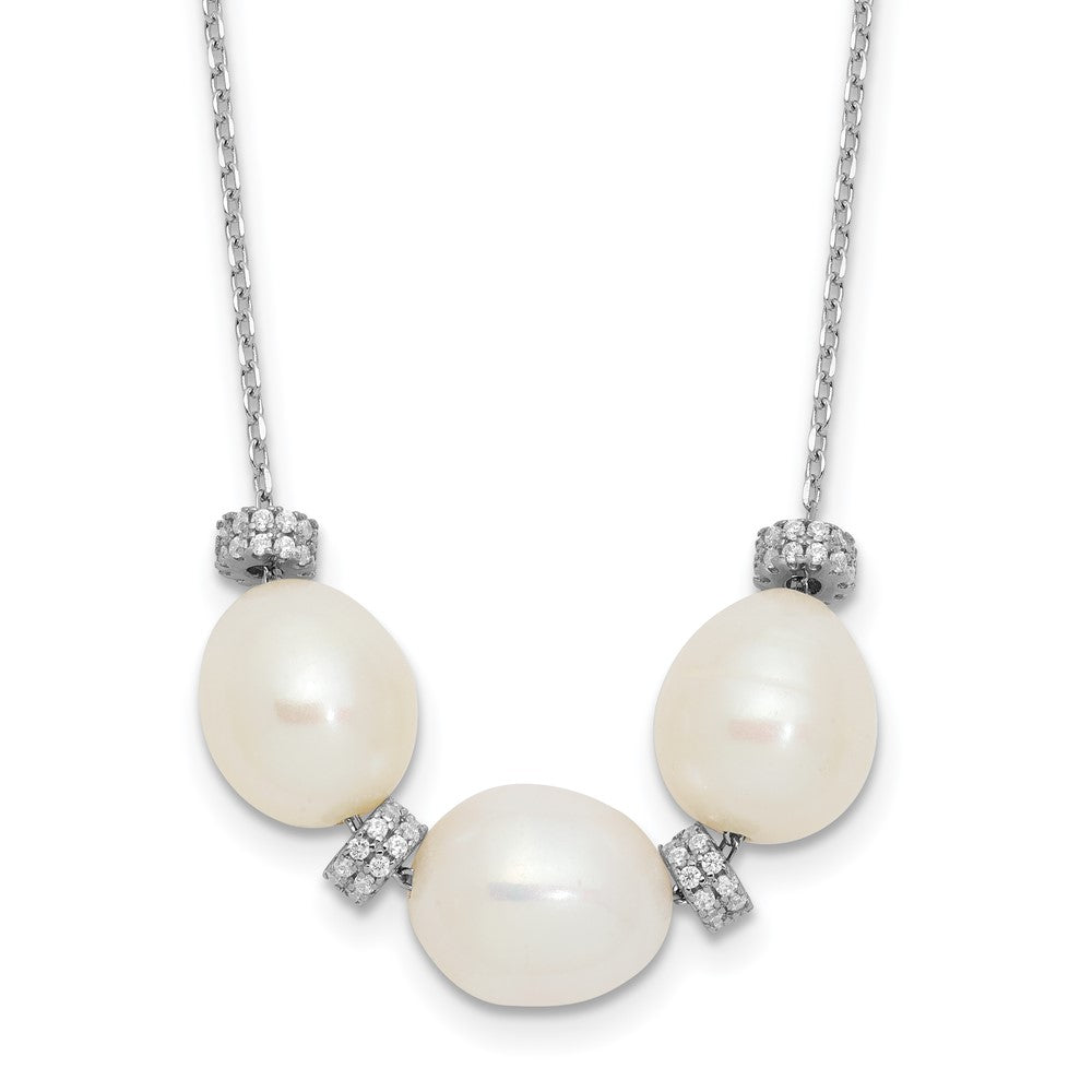 Sterling Silver Rhodium-plated CZ Bead/FWC Pearl w/ 2in ext. Necklace 15.5 Inches