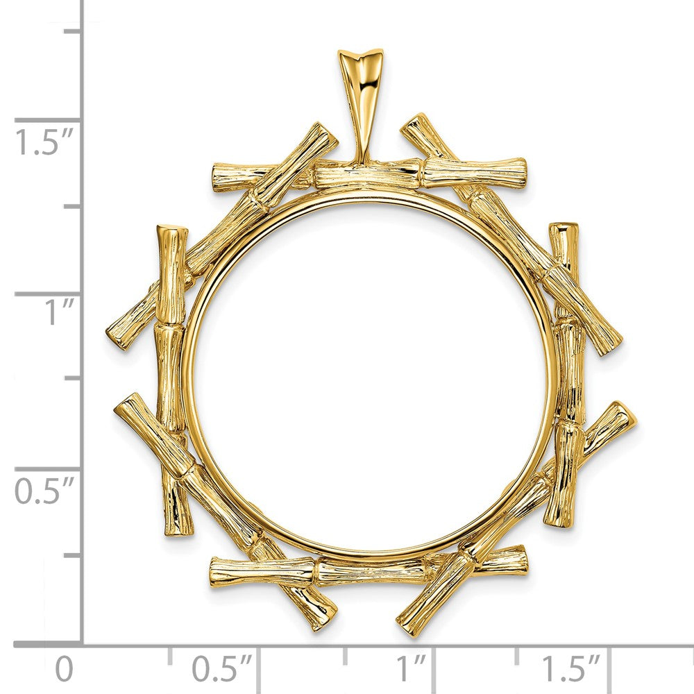 Wideband Distinguished Coin Jewelry 14k Polished and Textured Overlap Bamboo 27.0mm Prong Coin Bezel Pendant