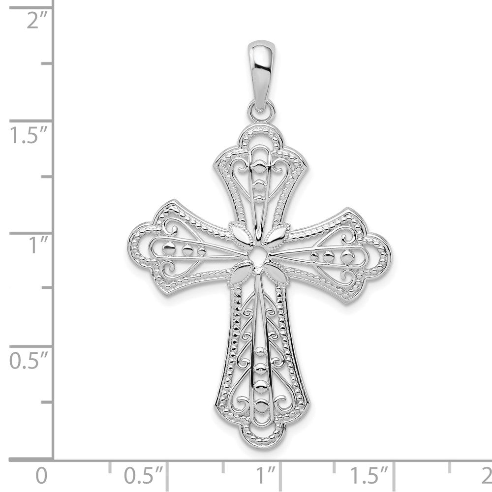 De-Ani Sterling Silver Rhodium-Plated Filigree Fleur de Lis Cross Pendant