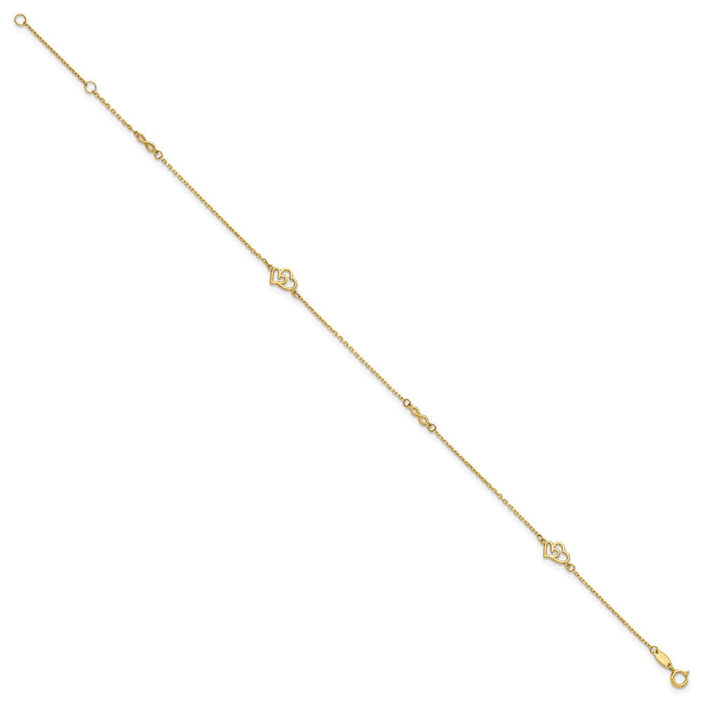 14k Polished Double Hearts and Infinity 9 inch with 1 inch Extension Anklet