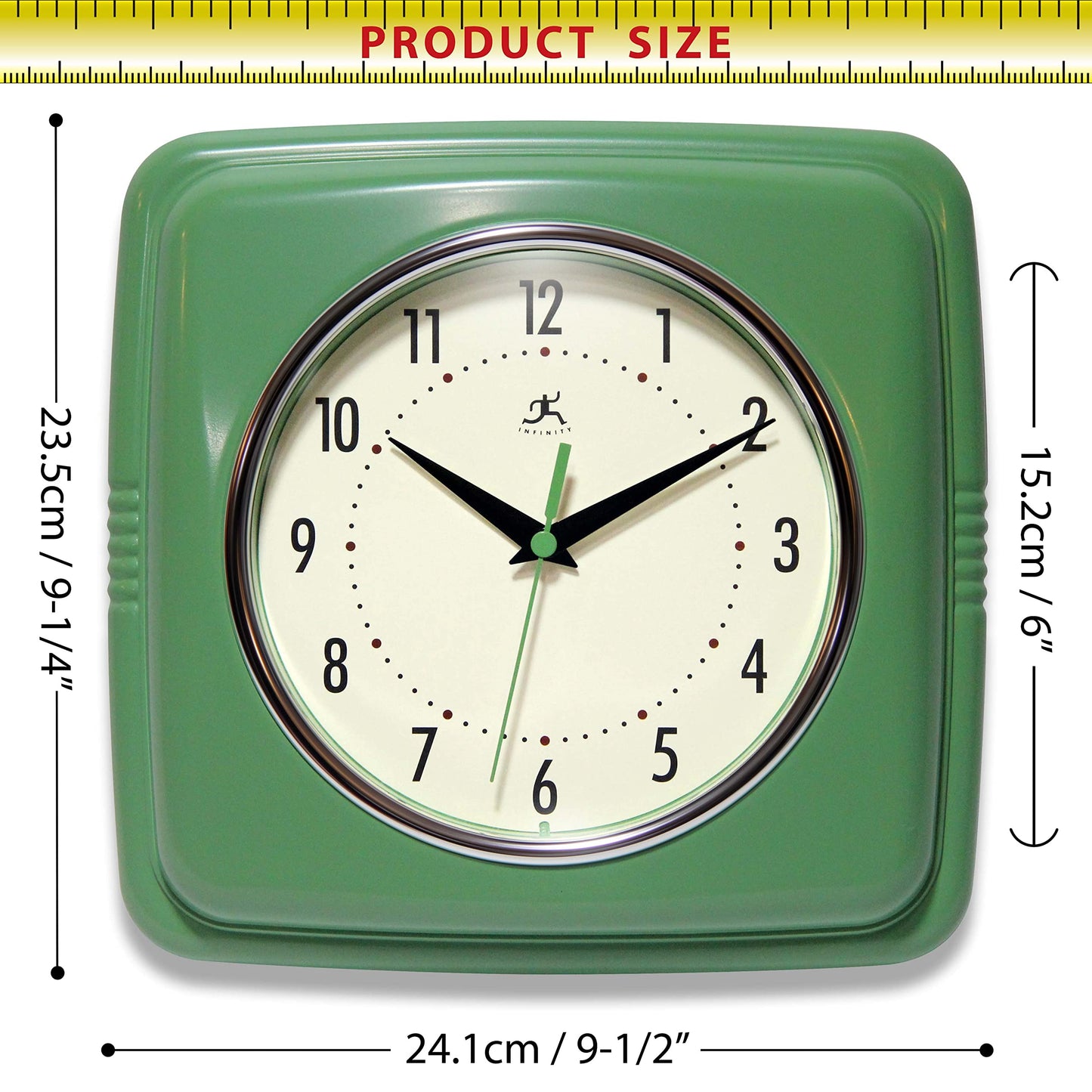 Infinity Instruments 9.25 " Green Retro Square Plastic Analog Wall Clock