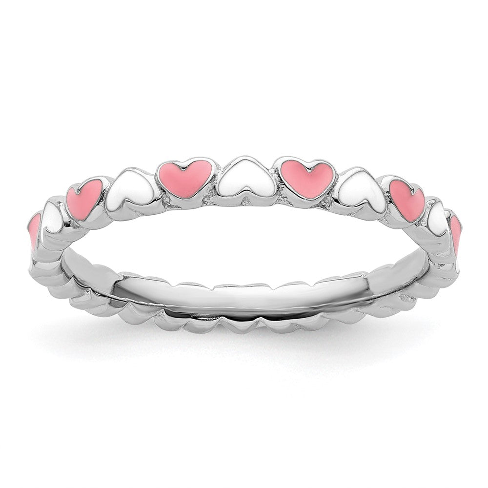 Sterling Silver Stackable Expressions Pink & White Enamel Heart Ring Size -8