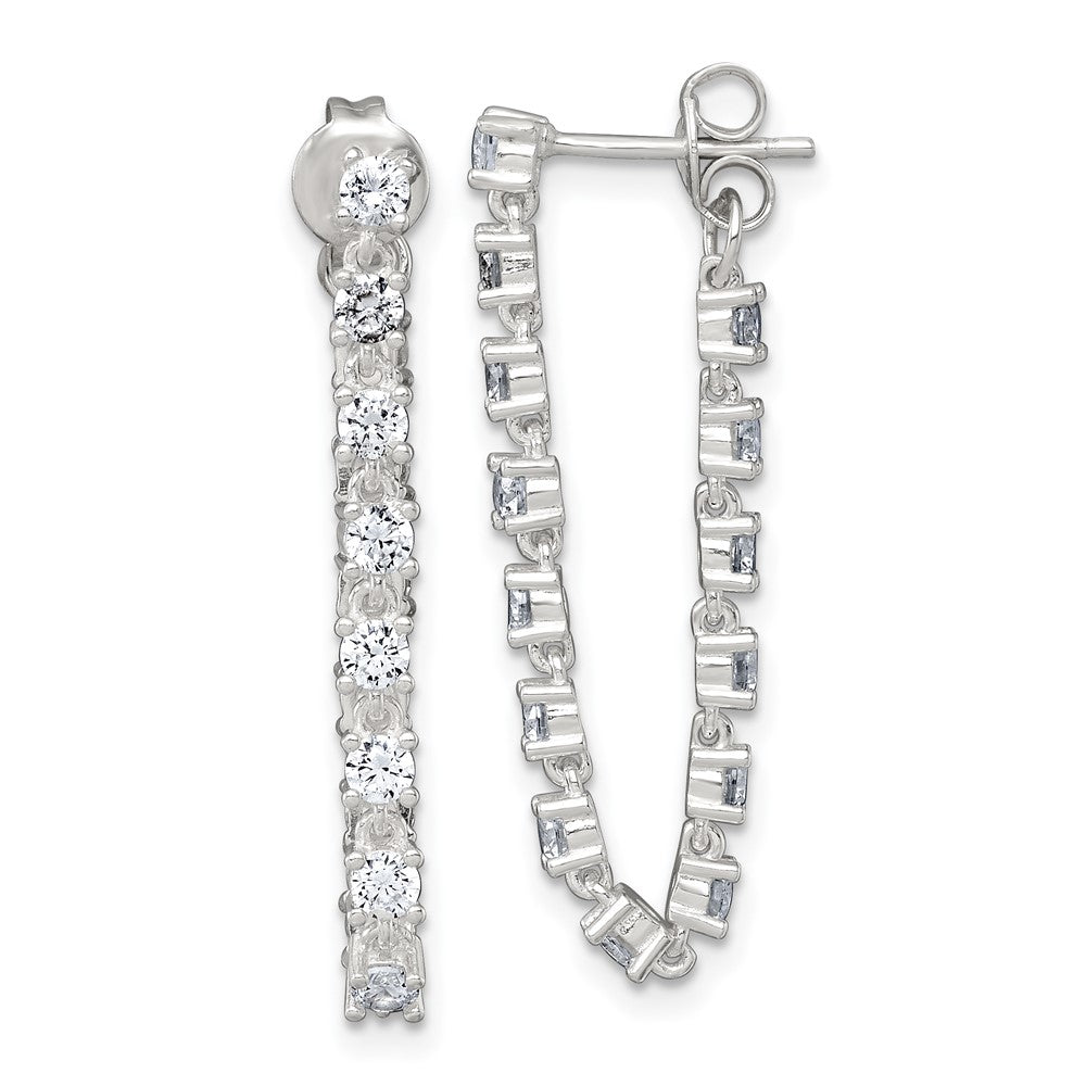 Sterling Silver Polished CZ Line Front and Back Post Dangle Earrings