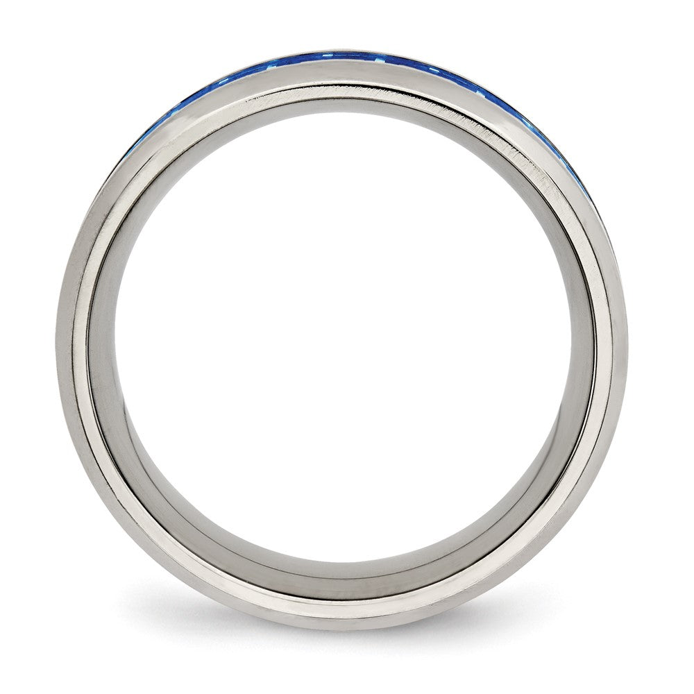 Stainless Steel Polished w/Blue Carbon Fiber Inlay 8mm Beveled Edge Band Size - 11