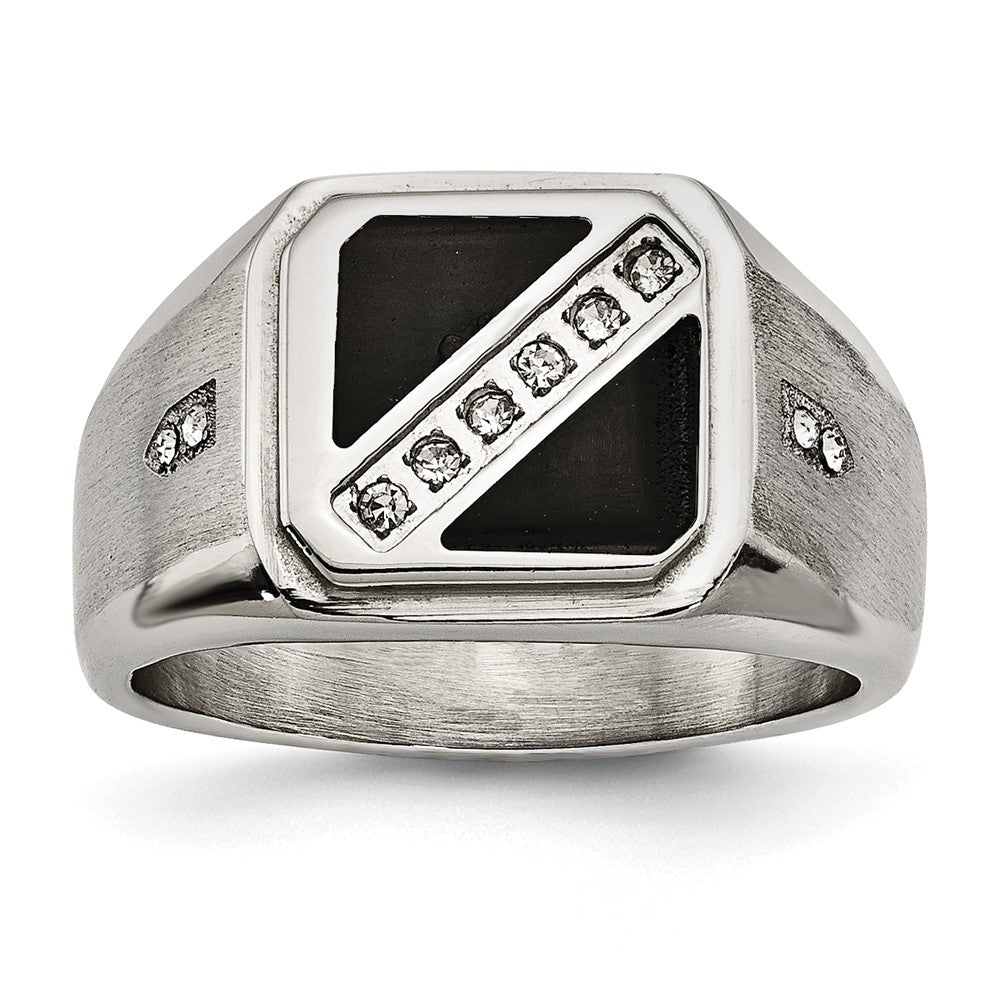 Stainless Steel Brushed and Polished w/Black Enamel CZ Ring Size - 11