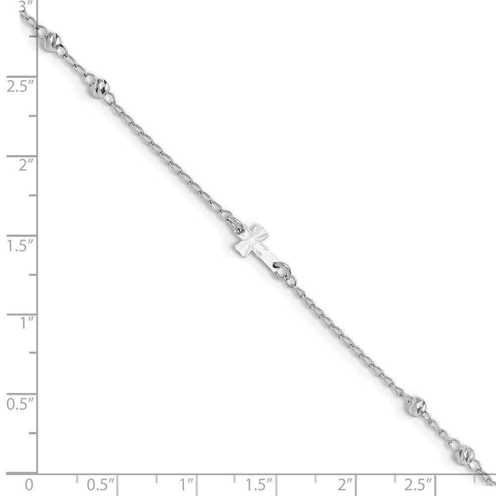 Sterling Silver Rhod-plated Diamond-cut Beads 9in Plus 1in Ext. Cross Ankle 9 inches