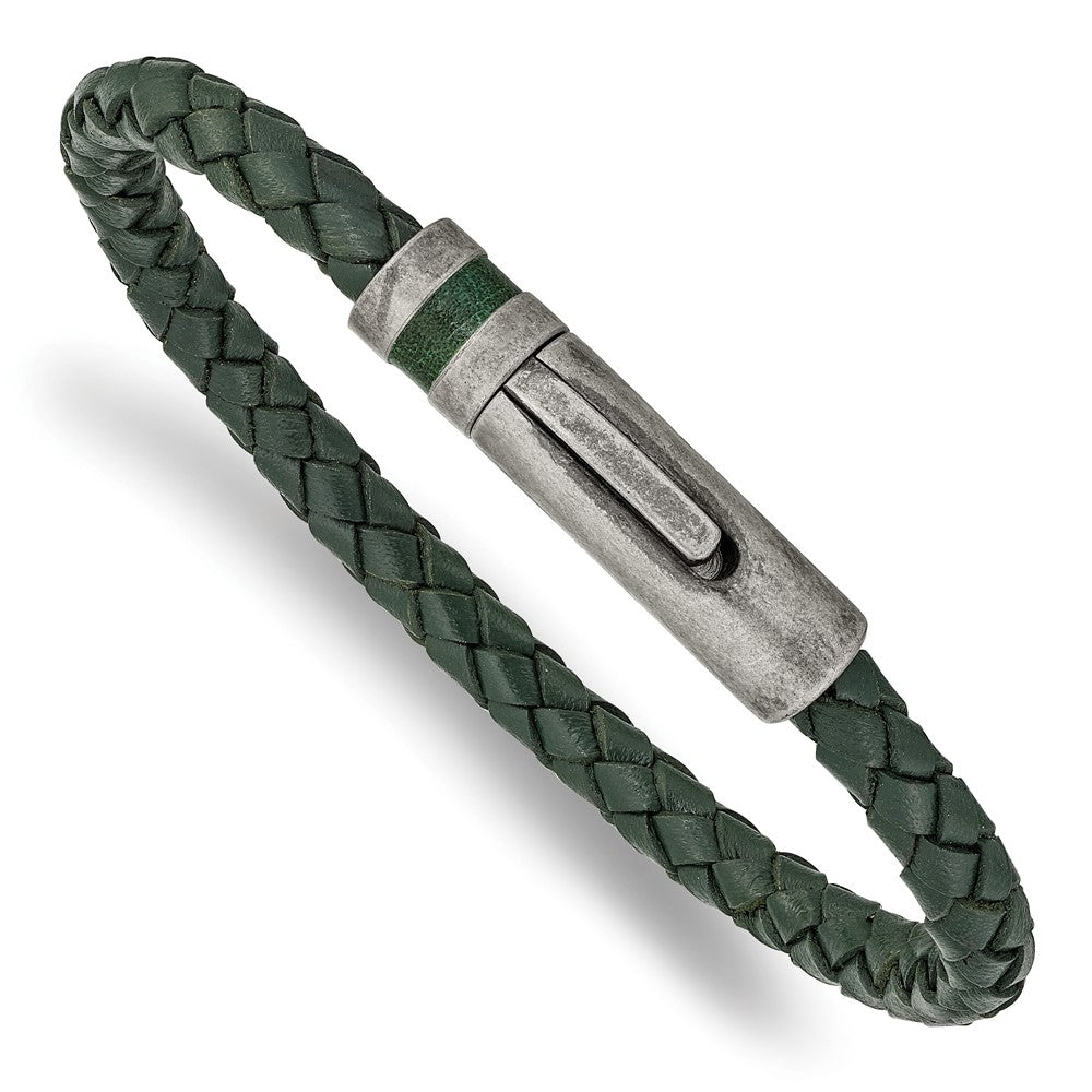 Stainless Steel Antiqued Green Leather 8.25in Bracelet 8.25 inches