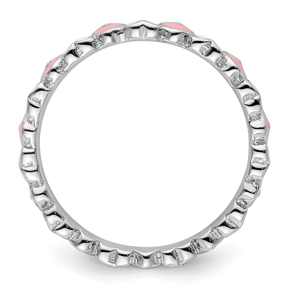 Sterling Silver Stackable Expressions Pink & White Enamel Heart Ring Size -7
