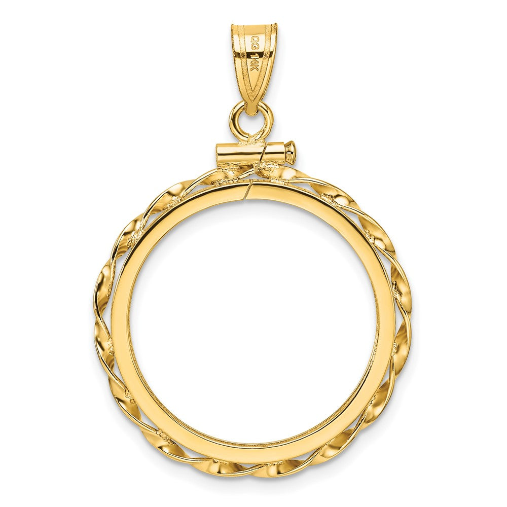 Wideband Distinguished Coin Jewelry 14k Polished Hand Twisted Ribbon and Diamond-cut 22.0mm x 1.9mm Screw Top Coin Bezel Pendant