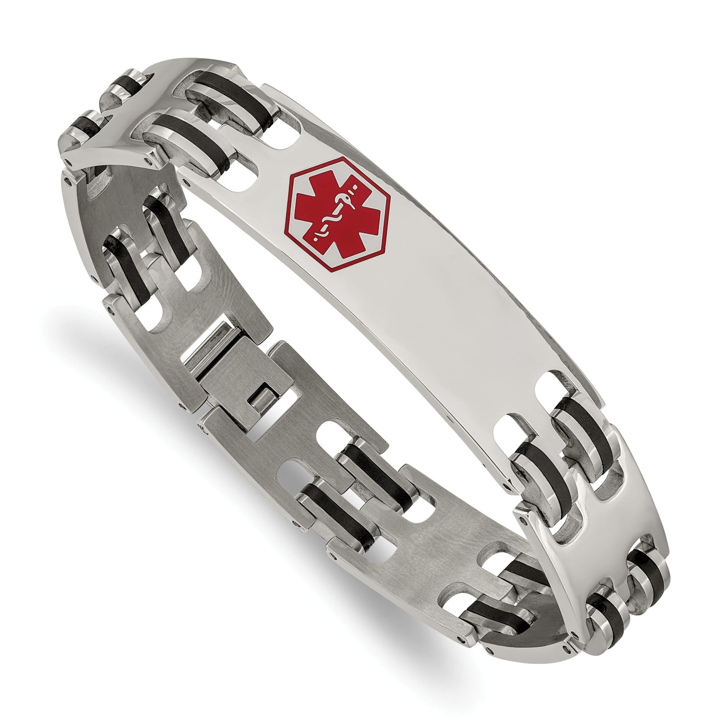 Stainless Steel Black Rubber Red Enamel 8.25in Medical ID Bracelet 8.25 inches