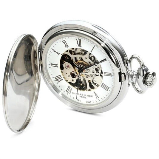 Charles-Hubert Paris 3918 Stainless Steel White Dial Mechanical Pocket Watch