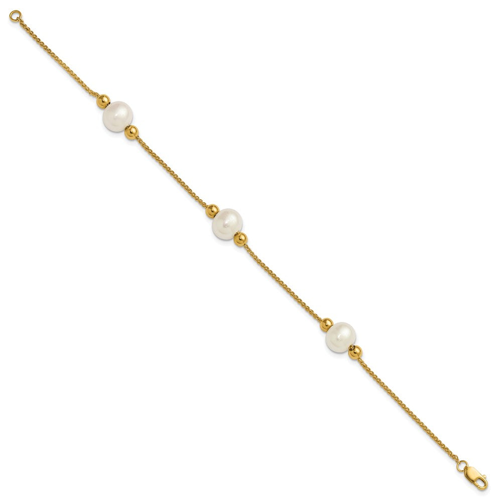 10k Polished 8-9mm Semi-Round White Freshwater Cultured Pearl 3-Station 7.5 inch Bracelet