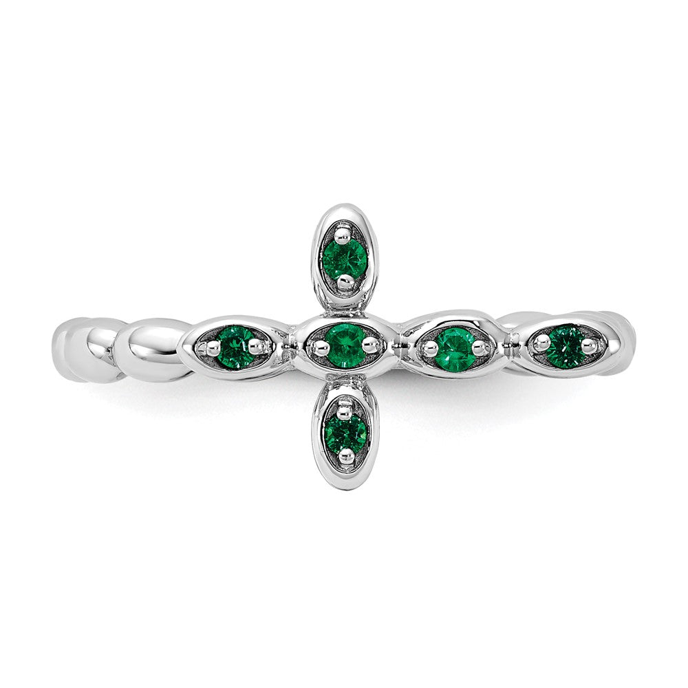 Sterling Silver Stackable Expressions Rhodium-plated Created Emerald Cross Ring Size -10