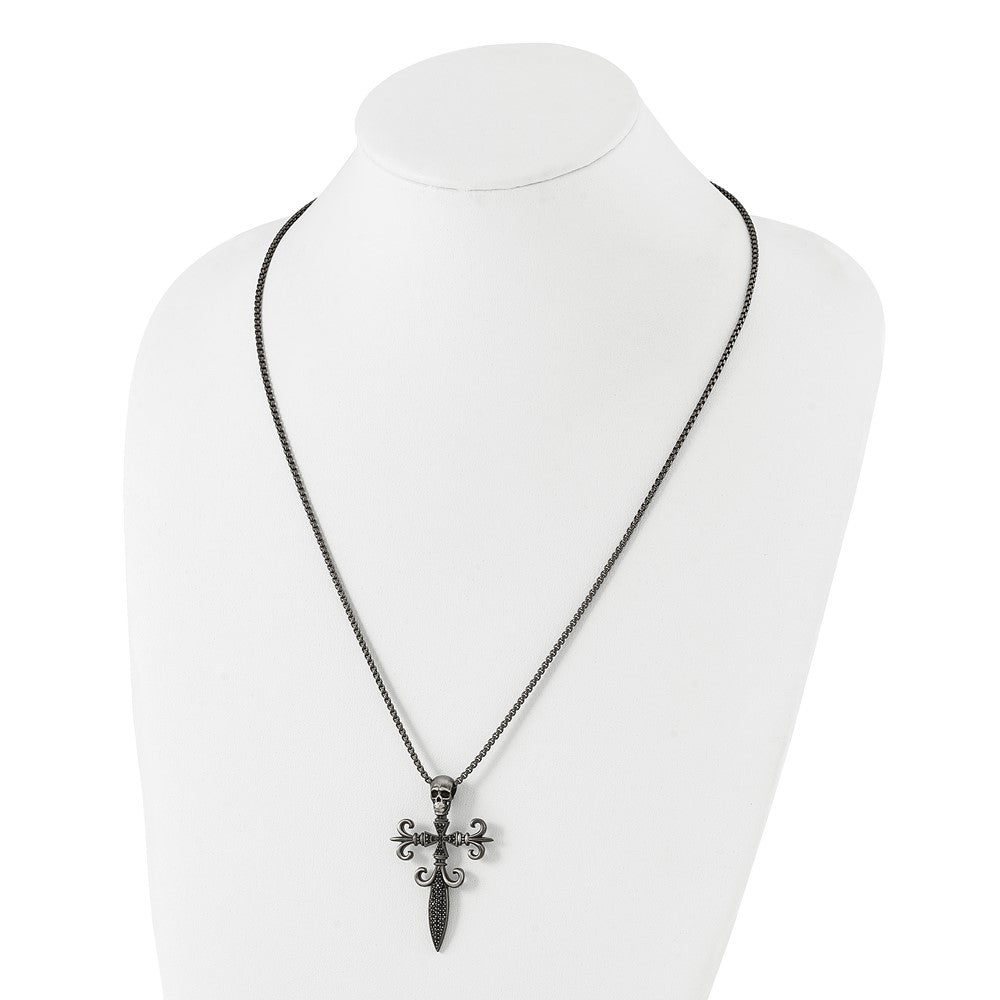 Stainless Steel Antique White Bronze-plated CZ Cross/Skull Necklace