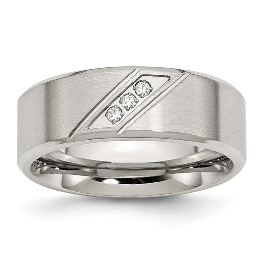 Stainless Steel Brushed and Polished w/CZ 8mm Beveled Edge Band Size - 12