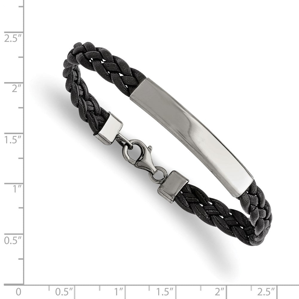 Stainless Steel Polished Black Leather 7.25in ID Bracelet 7.25 inches