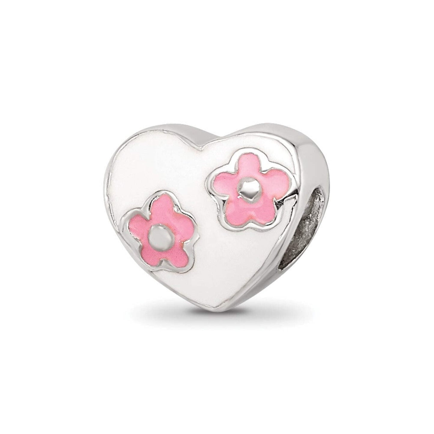 925 Sterling Silver Polished Pink Enamel Artisan Oxidized Reflections Teen Enameled Love Heart With-Pink Flowers Bead Ch