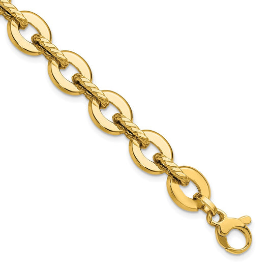 14K Polished and Grooved Fancy Link Bracelet 7.5  inches