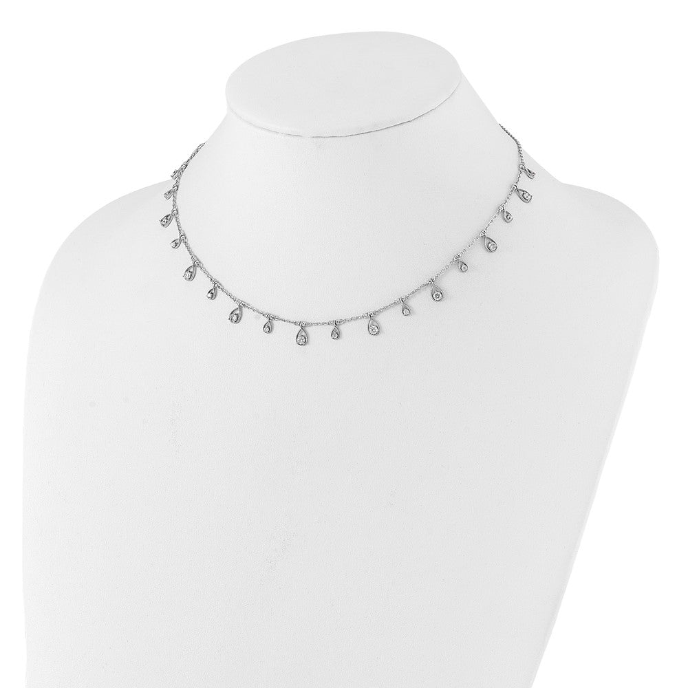 Sterling Shimmer Sterling Silver Rhodium-plated CZ 19 Stone 19 Teardrop Stations 14 inch with 2 inch extender Necklace 14 Inches