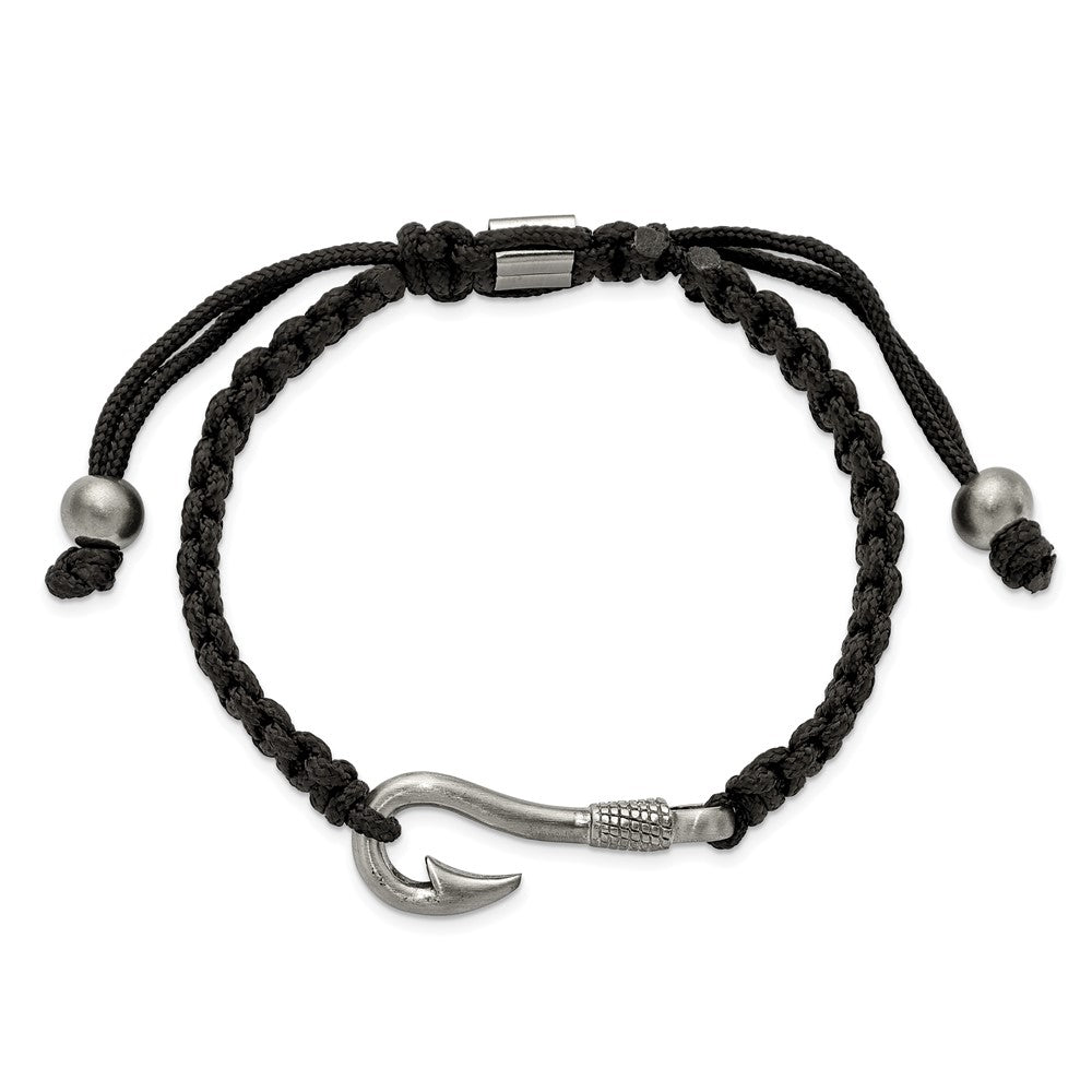 Stainless Steel Brushed Fishing Hook Black Nylon Adjustable Bracelet 9 inches