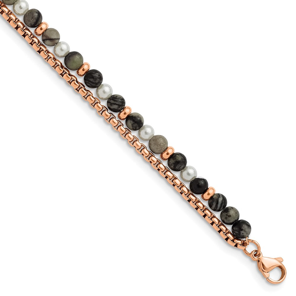 Stainless Steel Polished Rose IP w/Picasso Jasper 6.5in w/1in ext Bracelet 6.5 inches